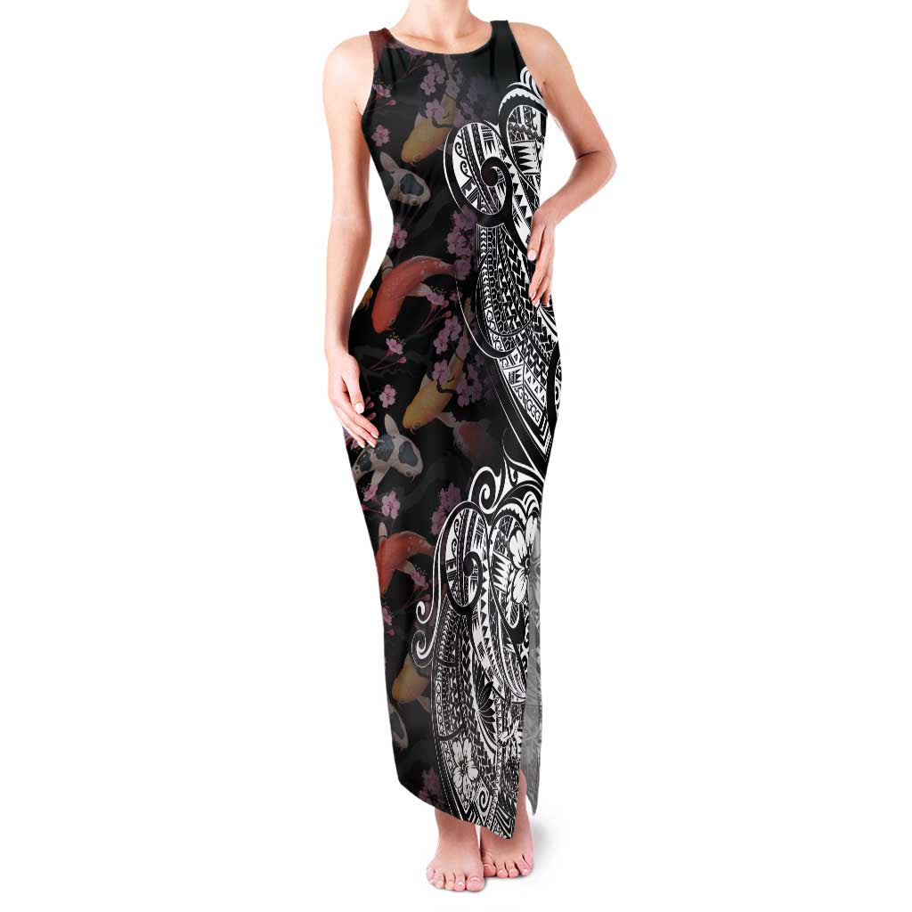 Hawaiian and Japanese Together Family Matching Tank Maxi Dress and Hawaiian Shirt Polynesian Triball Tattoo Koi Carps and Sakura
