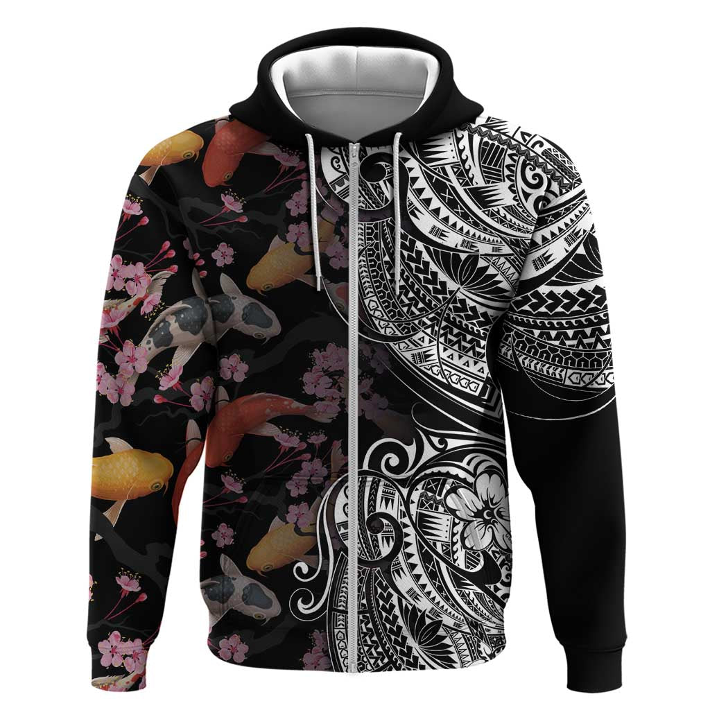 Hawaiian and Japanese Together Hoodie Polynesian Triball Tattoo Koi Carps and Sakura
