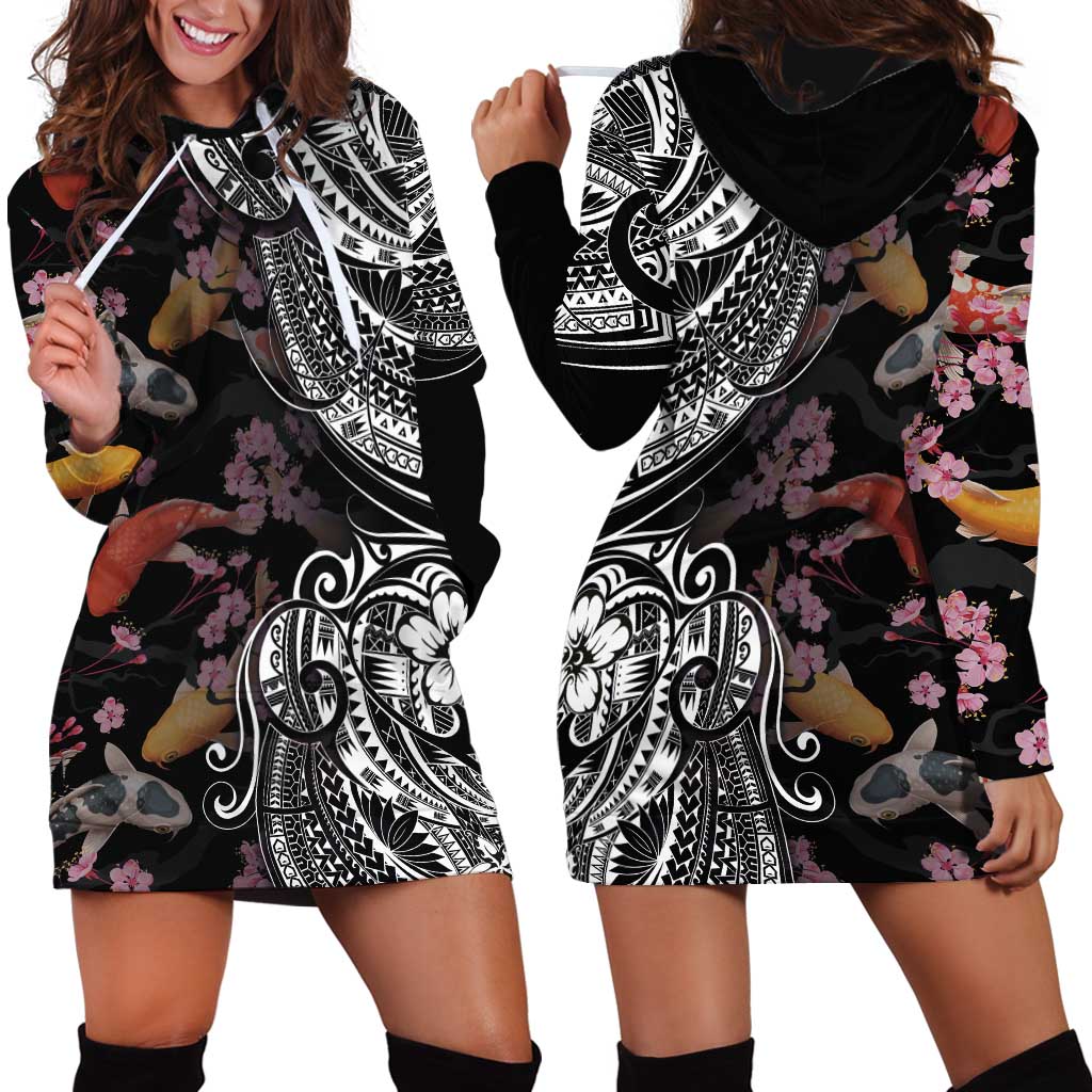 Hawaiian and Japanese Together Hoodie Dress Polynesian Triball Tattoo Koi Carps and Sakura