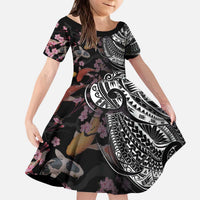 Hawaiian and Japanese Together Kid Short Sleeve Dress Polynesian Triball Tattoo Koi Carps and Sakura