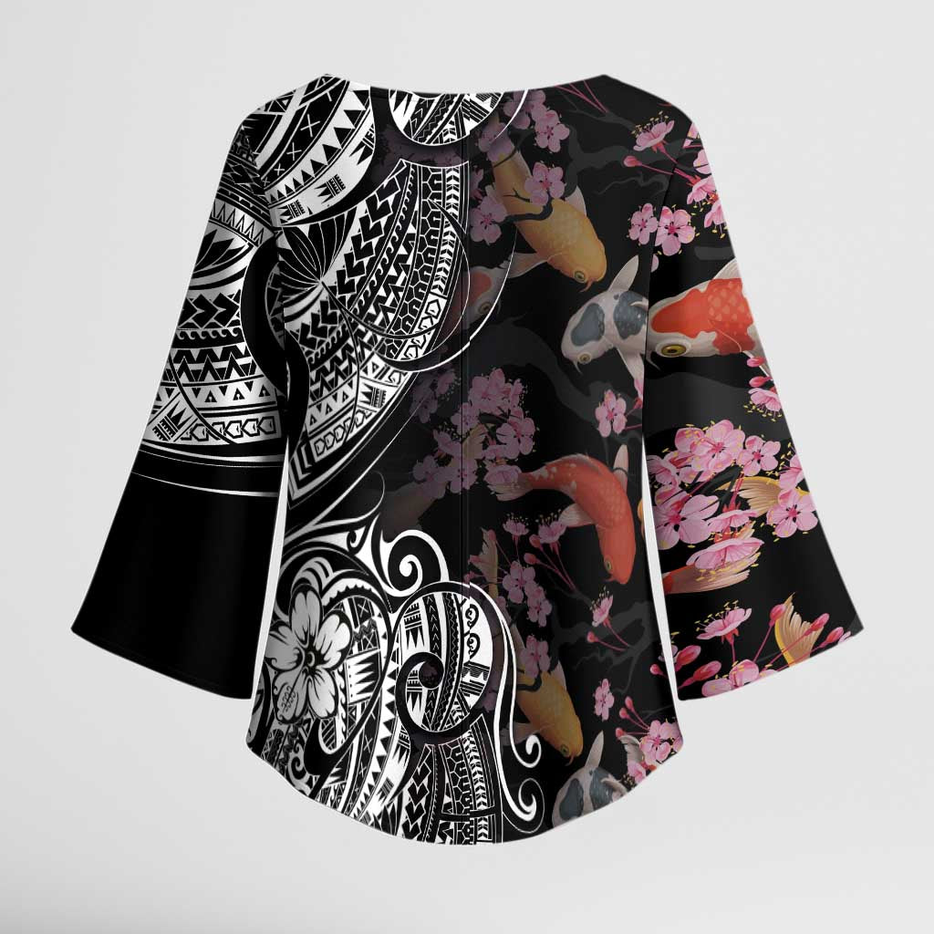 Hawaiian and Japanese Together Kimono Sleeve Blouse Polynesian Triball Tattoo Koi Carps and Sakura - Polynesian Pride