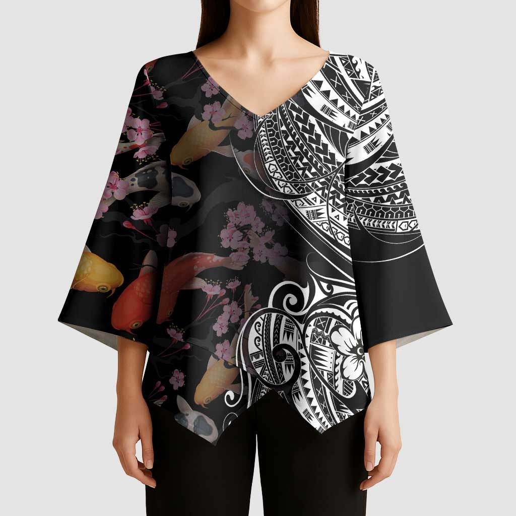 Hawaiian and Japanese Together Kimono Sleeve Blouse Polynesian Triball Tattoo Koi Carps and Sakura - Polynesian Pride