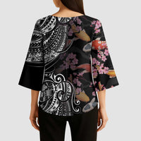 Hawaiian and Japanese Together Kimono Sleeve Blouse Polynesian Triball Tattoo Koi Carps and Sakura - Polynesian Pride