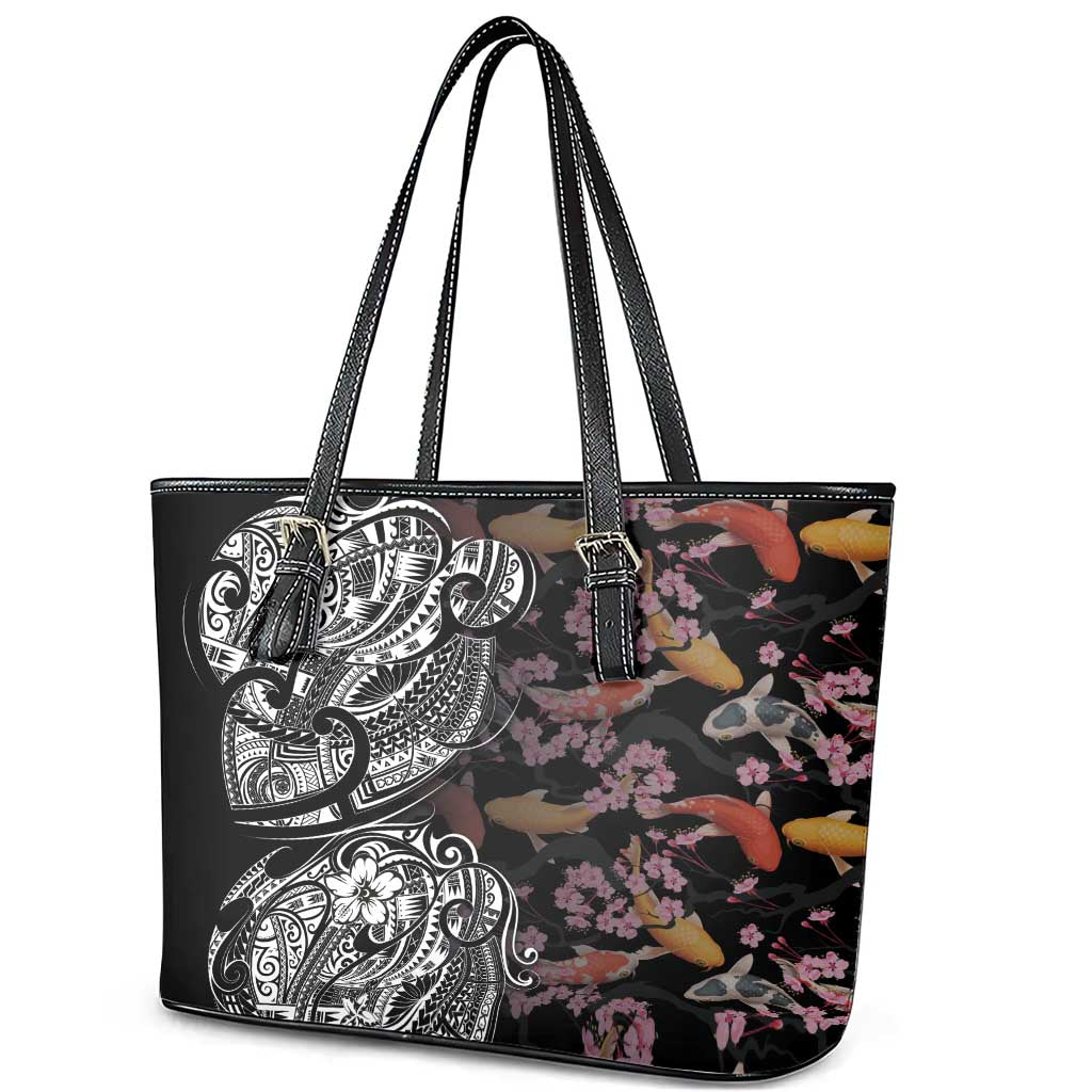 Hawaiian and Japanese Together Leather Tote Bag Polynesian Triball Tattoo Koi Carps and Sakura