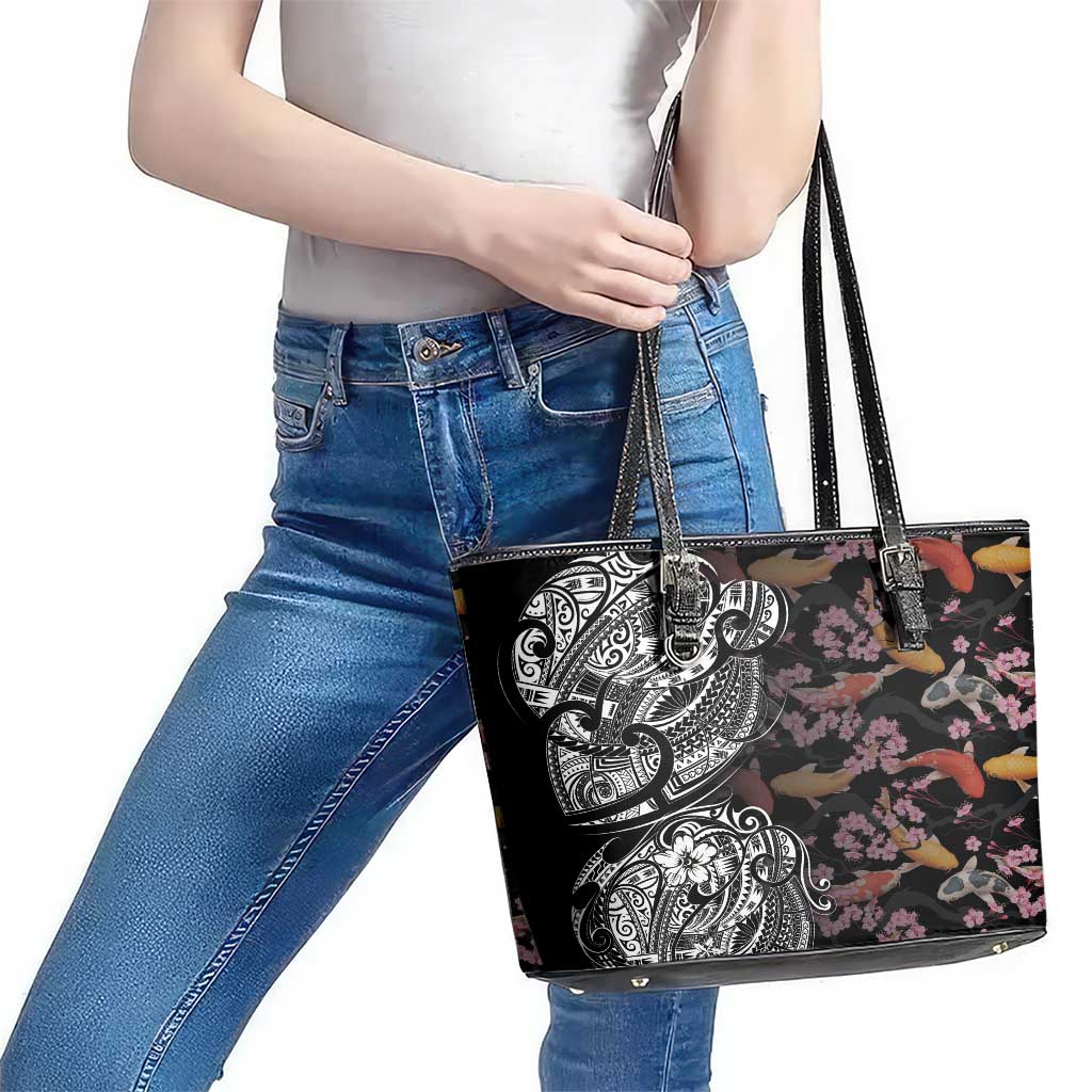 Hawaiian and Japanese Together Leather Tote Bag Polynesian Triball Tattoo Koi Carps and Sakura