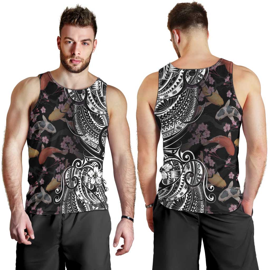 Hawaiian and Japanese Together Men Tank Top Polynesian Triball Tattoo Koi Carps and Sakura