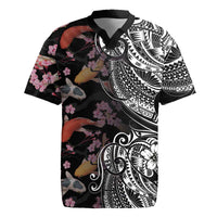 Hawaiian and Japanese Together Rugby Jersey Polynesian Triball Tattoo Koi Carps and Sakura