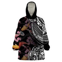 Hawaiian and Japanese Together Wearable Blanket Hoodie Polynesian Triball Tattoo Koi Carps and Sakura