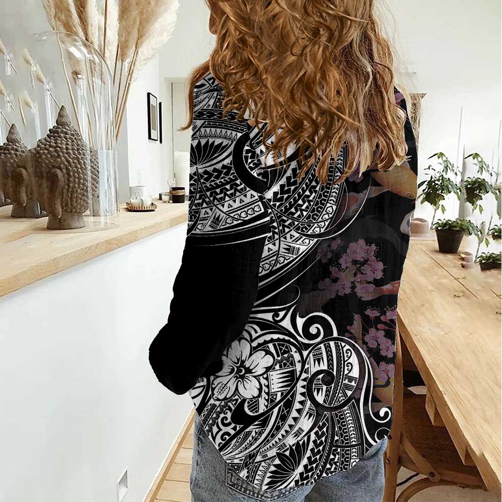 Hawaiian and Japanese Together Women Casual Shirt Polynesian Triball Tattoo Koi Carps and Sakura