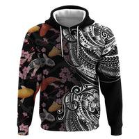 Hawaiian and Japanese Together Zip Hoodie Polynesian Triball Tattoo Koi Carps and Sakura