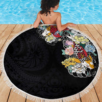 Hawaiian and Japanese Together Beach Blanket Colorful Traditional Japanese Tattoo and Kakau Pattern Black Color