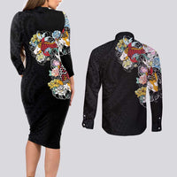 Hawaiian and Japanese Together Couples Matching Long Sleeve Bodycon Dress and Long Sleeve Button Shirt Colorful Traditional Japanese Tattoo and Kakau Pattern Black Color