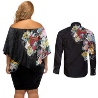 Hawaiian and Japanese Together Couples Matching Off Shoulder Short Dress and Long Sleeve Button Shirt Colorful Traditional Japanese Tattoo and Kakau Pattern Black Color
