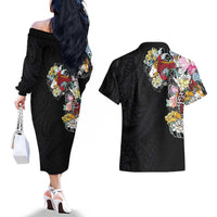 Hawaiian and Japanese Together Couples Matching Off The Shoulder Long Sleeve Dress and Hawaiian Shirt Colorful Traditional Japanese Tattoo and Kakau Pattern Black Color