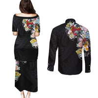 Hawaiian and Japanese Together Couples Matching Puletasi and Long Sleeve Button Shirt Colorful Traditional Japanese Tattoo and Kakau Pattern Black Color