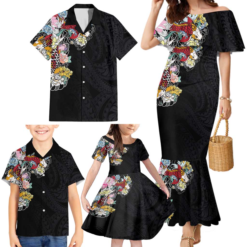 Hawaiian and Japanese Together Family Matching Mermaid Dress and Hawaiian Shirt Colorful Traditional Japanese Tattoo and Kakau Pattern Black Color