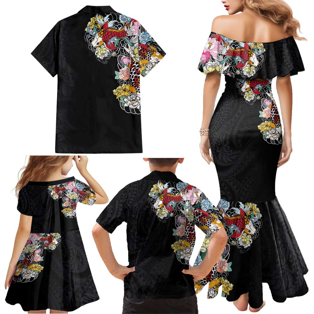 Hawaiian and Japanese Together Family Matching Mermaid Dress and Hawaiian Shirt Colorful Traditional Japanese Tattoo and Kakau Pattern Black Color