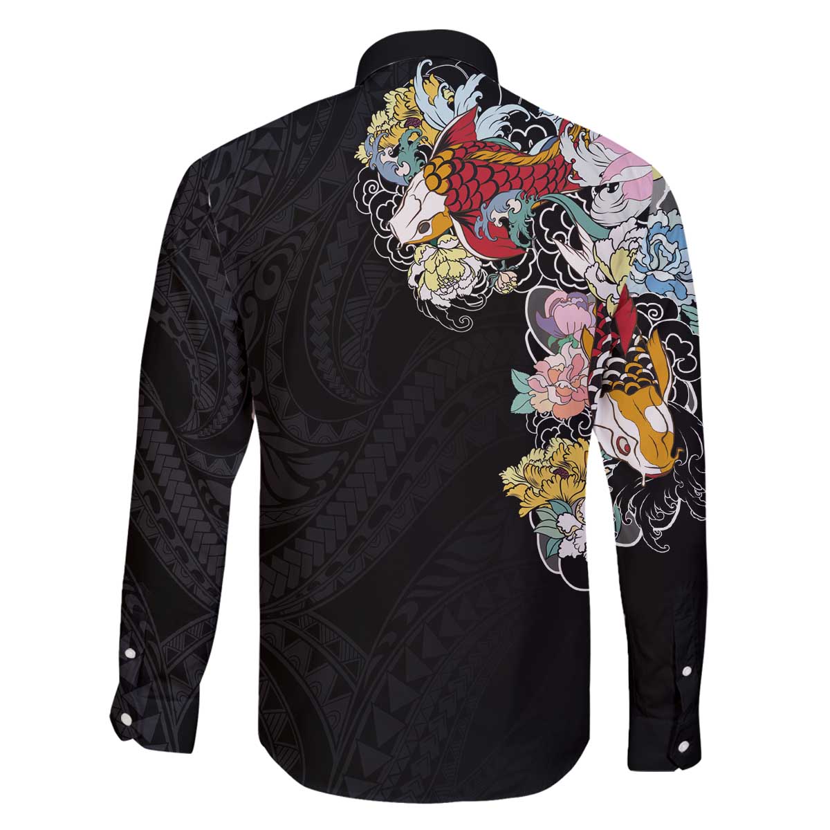 Hawaiian and Japanese Together Family Matching Off The Shoulder Long Sleeve Dress and Hawaiian Shirt Colorful Traditional Japanese Tattoo and Kakau Pattern Black Color