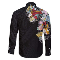 Hawaiian and Japanese Together Family Matching Off The Shoulder Long Sleeve Dress and Hawaiian Shirt Colorful Traditional Japanese Tattoo and Kakau Pattern Black Color