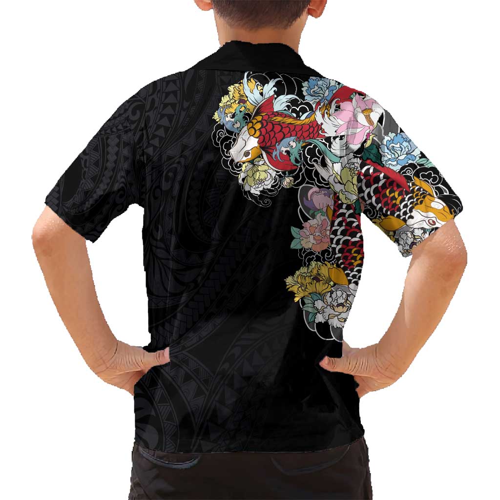 Hawaiian and Japanese Together Family Matching Off Shoulder Maxi Dress and Hawaiian Shirt Colorful Traditional Japanese Tattoo and Kakau Pattern Black Color