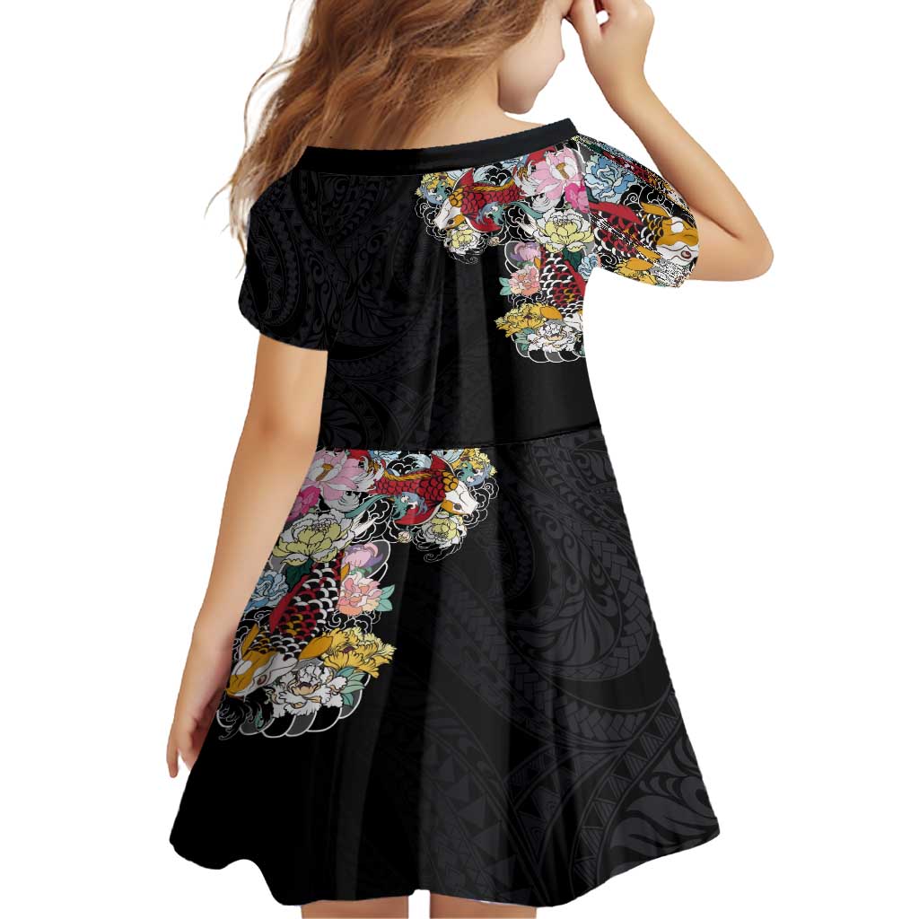 Hawaiian and Japanese Together Family Matching Tank Maxi Dress and Hawaiian Shirt Colorful Traditional Japanese Tattoo and Kakau Pattern Black Color