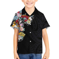 Hawaiian and Japanese Together Kid Hawaiian Shirt Colorful Traditional Japanese Tattoo and Kakau Pattern Black Color