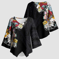 Hawaiian and Japanese Together Kimono Sleeve Blouse Colorful Traditional Japanese Tattoo and Kakau Pattern Black Color - Polynesian Pride