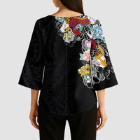Hawaiian and Japanese Together Kimono Sleeve Blouse Colorful Traditional Japanese Tattoo and Kakau Pattern Black Color - Polynesian Pride