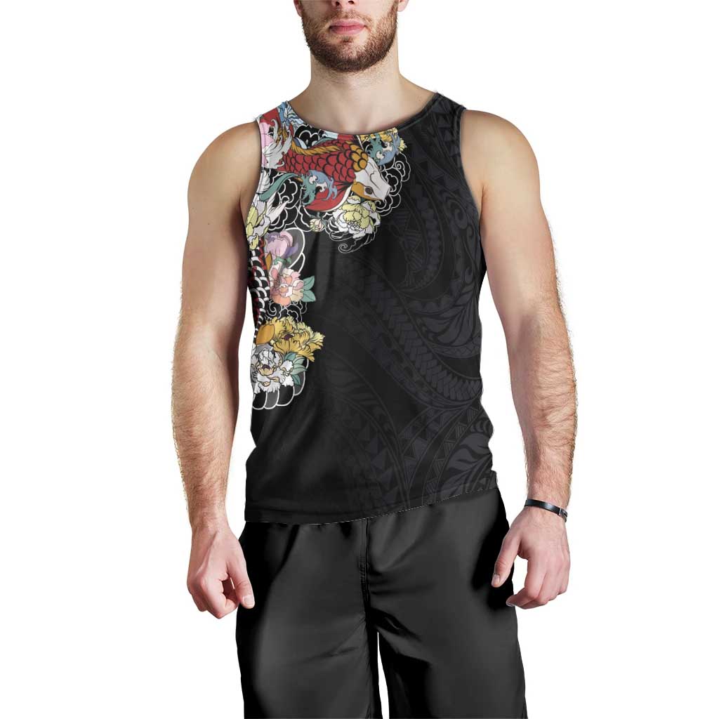 Hawaiian and Japanese Together Men Tank Top Colorful Traditional Japanese Tattoo and Kakau Pattern Black Color