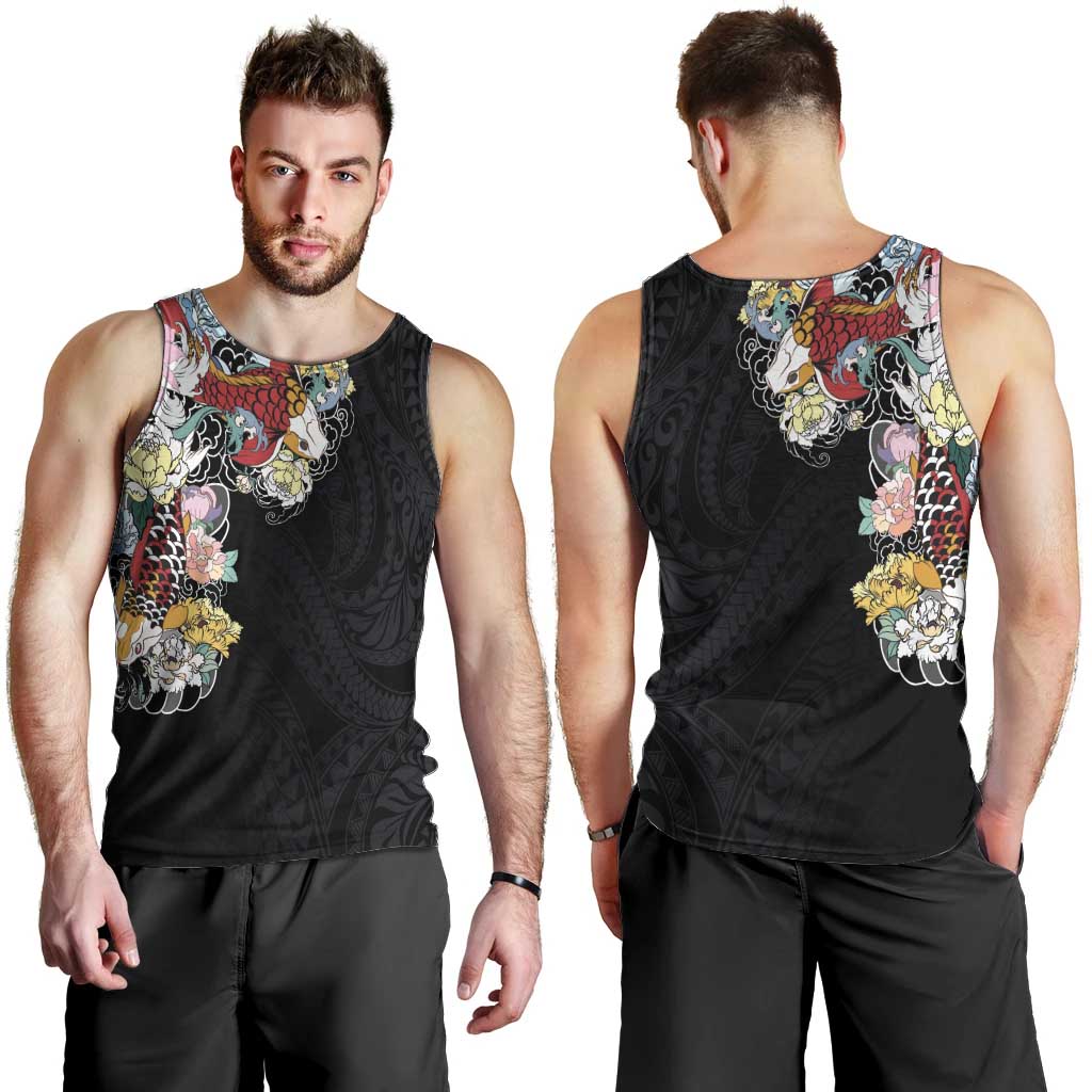 Hawaiian and Japanese Together Men Tank Top Colorful Traditional Japanese Tattoo and Kakau Pattern Black Color