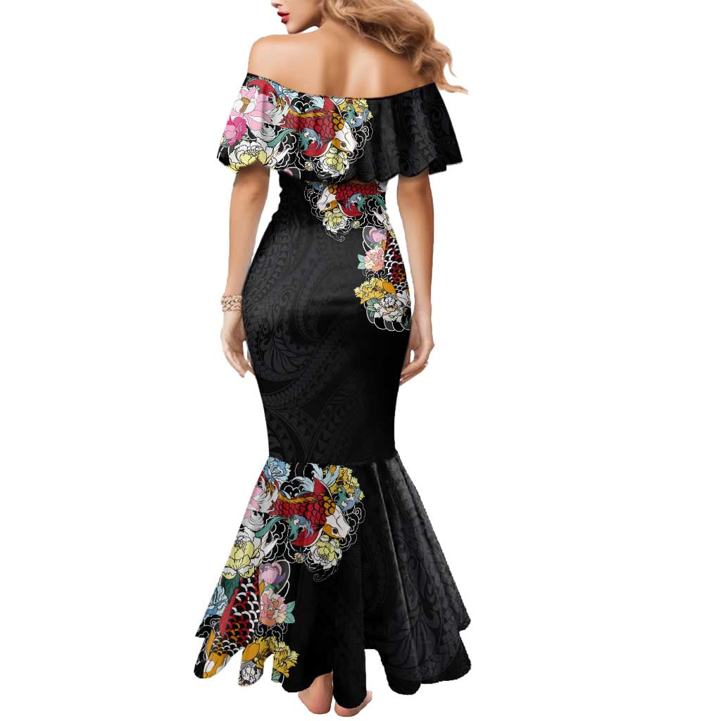 Hawaiian and Japanese Together Mermaid Dress Colorful Traditional Japanese Tattoo and Kakau Pattern Black Color