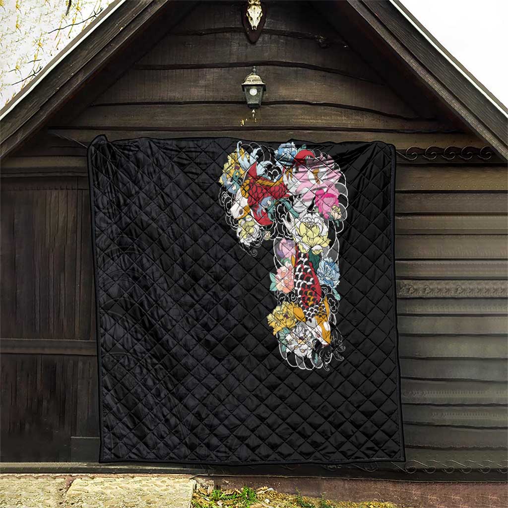 Hawaiian and Japanese Together Quilt Colorful Traditional Japanese Tattoo and Kakau Pattern Black Color