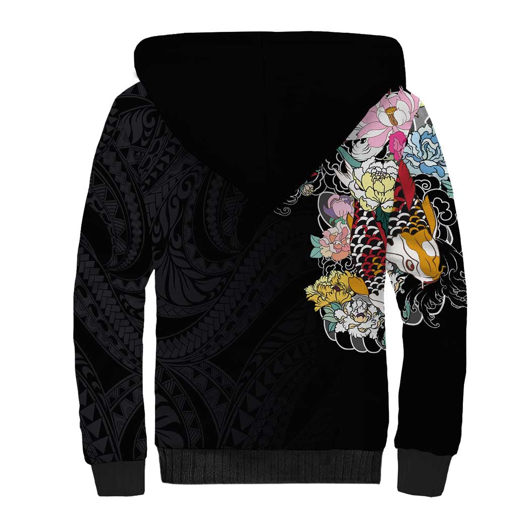 Hawaiian and Japanese Together Sherpa Hoodie Colorful Traditional Japanese Tattoo and Kakau Pattern Black Color