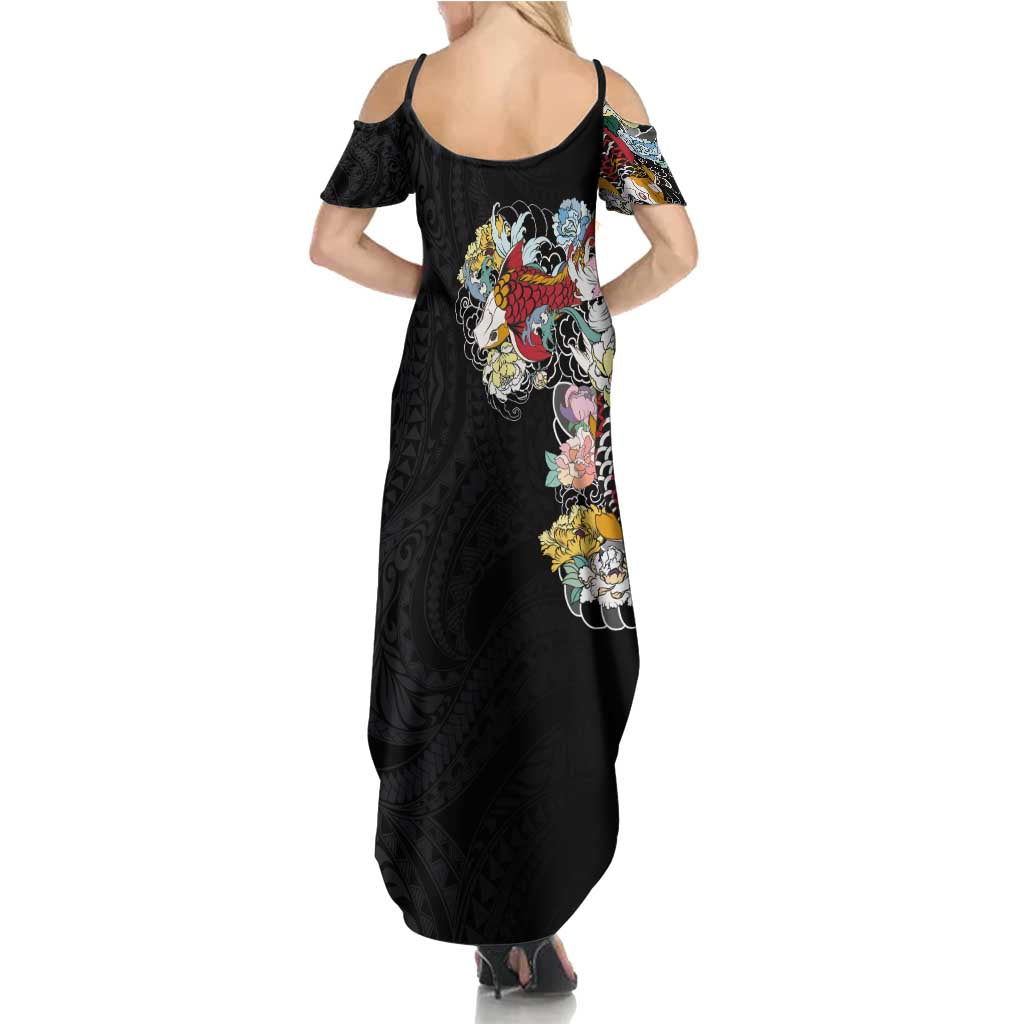 Hawaiian and Japanese Together Summer Maxi Dress Colorful Traditional Japanese Tattoo and Kakau Pattern Black Color