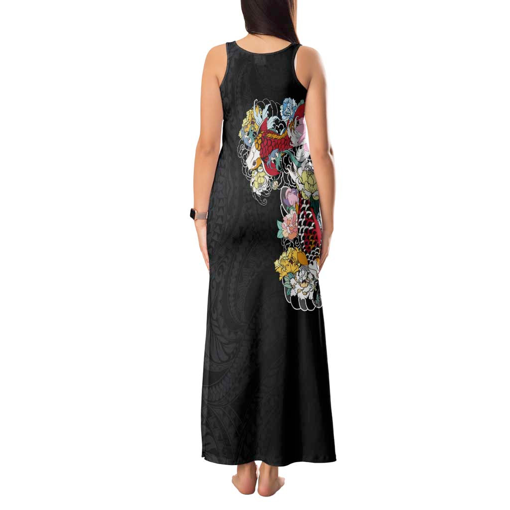 Hawaiian and Japanese Together Tank Maxi Dress Colorful Traditional Japanese Tattoo and Kakau Pattern Black Color