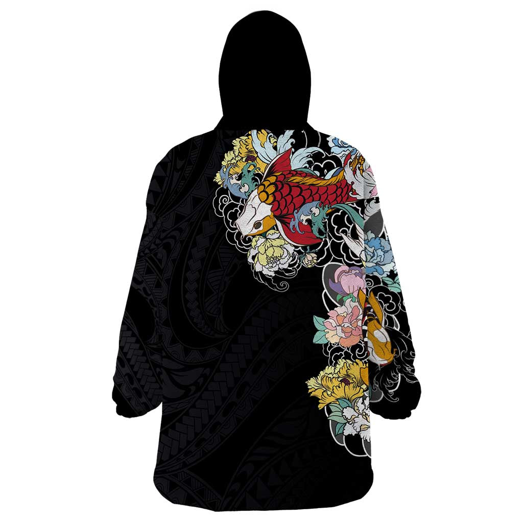 Hawaiian and Japanese Together Wearable Blanket Hoodie Colorful Traditional Japanese Tattoo and Kakau Pattern Black Color