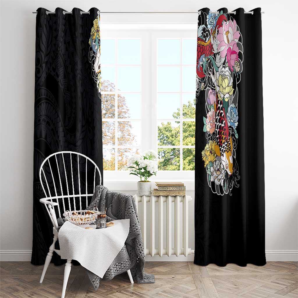 Hawaiian and Japanese Together Window Curtain Colorful Traditional Japanese Tattoo and Kakau Pattern Black Color
