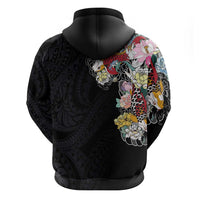 Hawaiian and Japanese Together Zip Hoodie Colorful Traditional Japanese Tattoo and Kakau Pattern Black Color