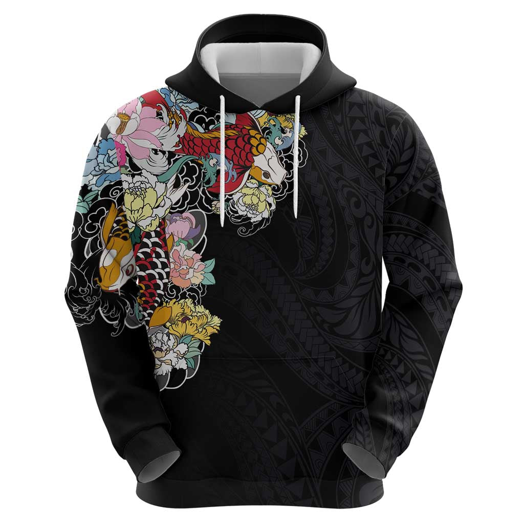Hawaiian and Japanese Together Zip Hoodie Colorful Traditional Japanese Tattoo and Kakau Pattern Black Color