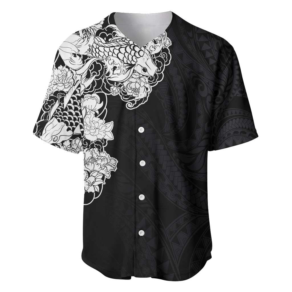Hawaiian and Japanese Together Baseball Jersey Japanese Koi Fish Tattoo and Kakau Pattern Black Color LT03 Black - Polynesian Pride