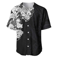 Hawaiian and Japanese Together Baseball Jersey Japanese Koi Fish Tattoo and Kakau Pattern Black Color LT03 Black - Polynesian Pride
