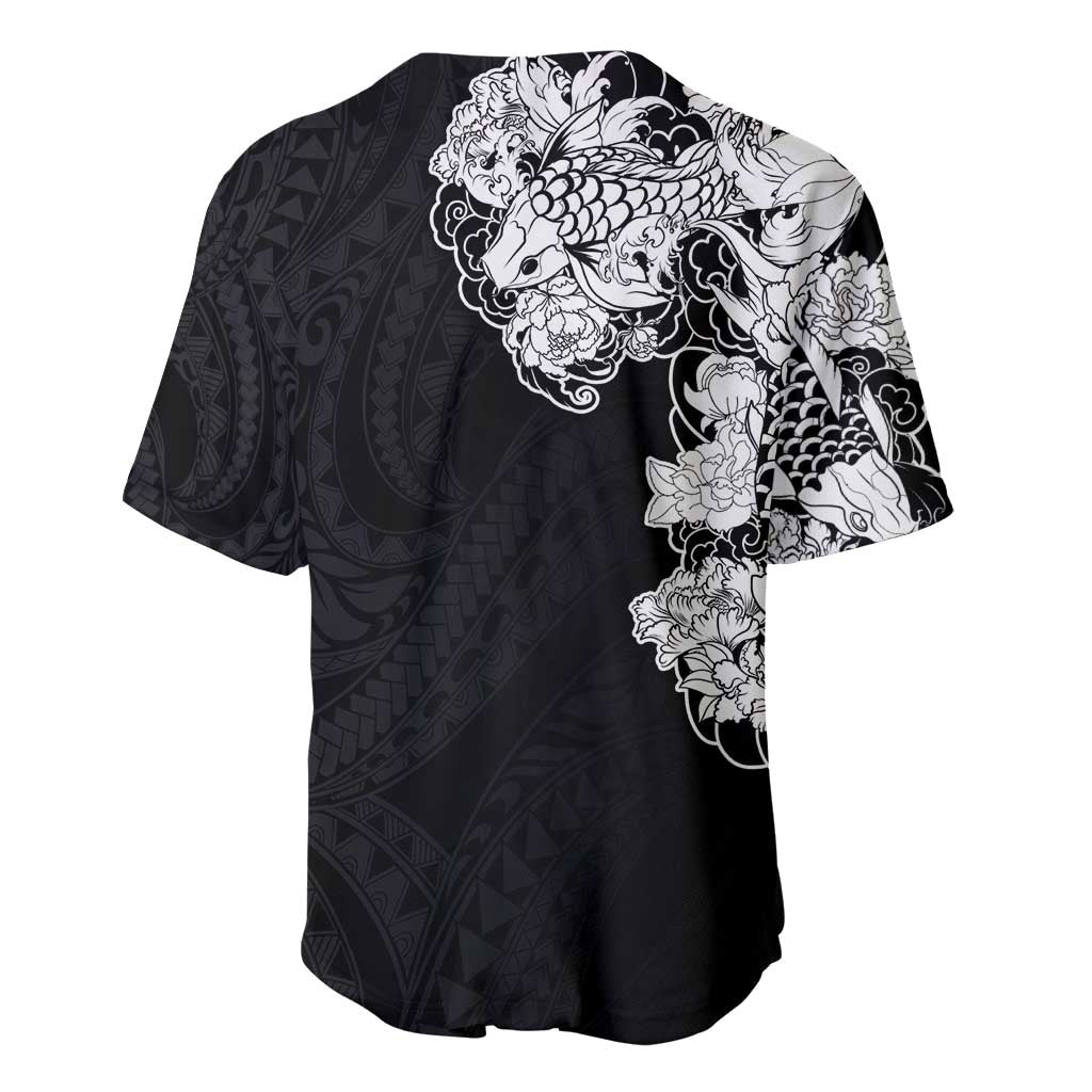 Hawaiian and Japanese Together Baseball Jersey Japanese Koi Fish Tattoo and Kakau Pattern Black Color LT03 - Polynesian Pride
