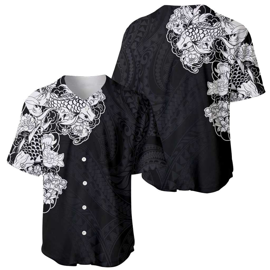 Hawaiian and Japanese Together Baseball Jersey Japanese Koi Fish Tattoo and Kakau Pattern Black Color LT03 - Polynesian Pride