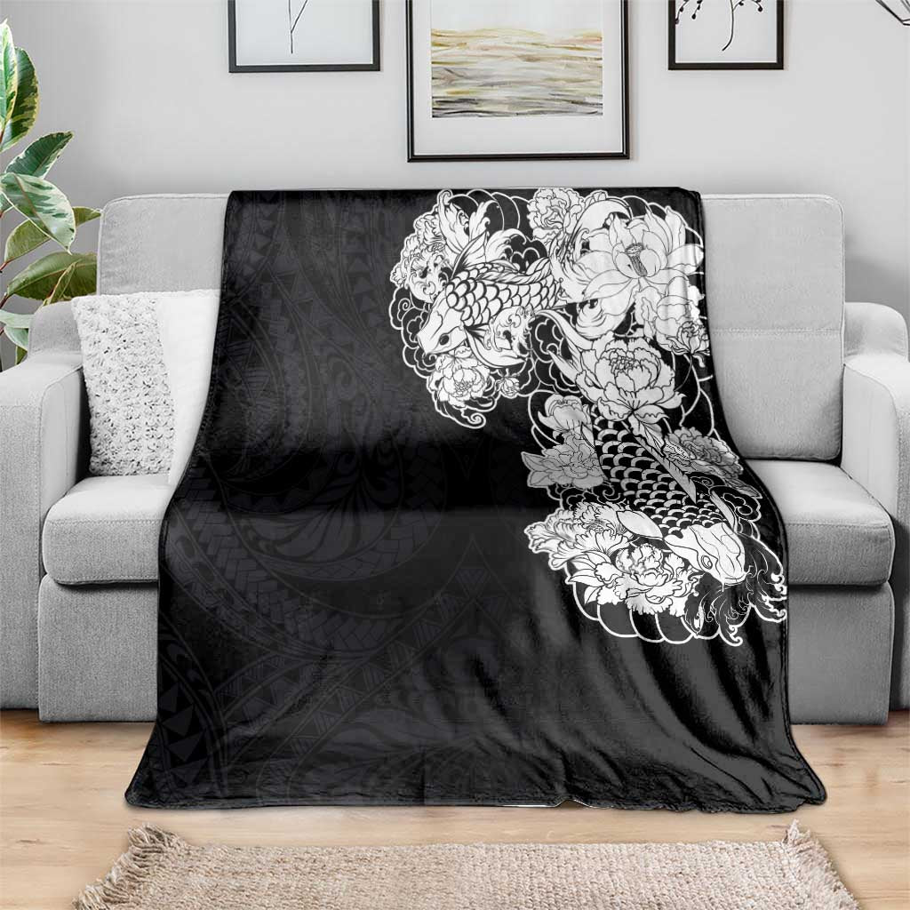 Hawaiian and Japanese Together Blanket Japanese Koi Fish Tattoo and Kakau Pattern Black Color