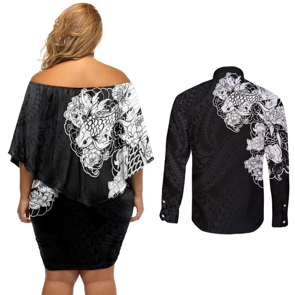 Hawaiian and Japanese Together Couples Matching Off Shoulder Short Dress and Long Sleeve Button Shirt Japanese Koi Fish Tattoo and Kakau Pattern Black Color