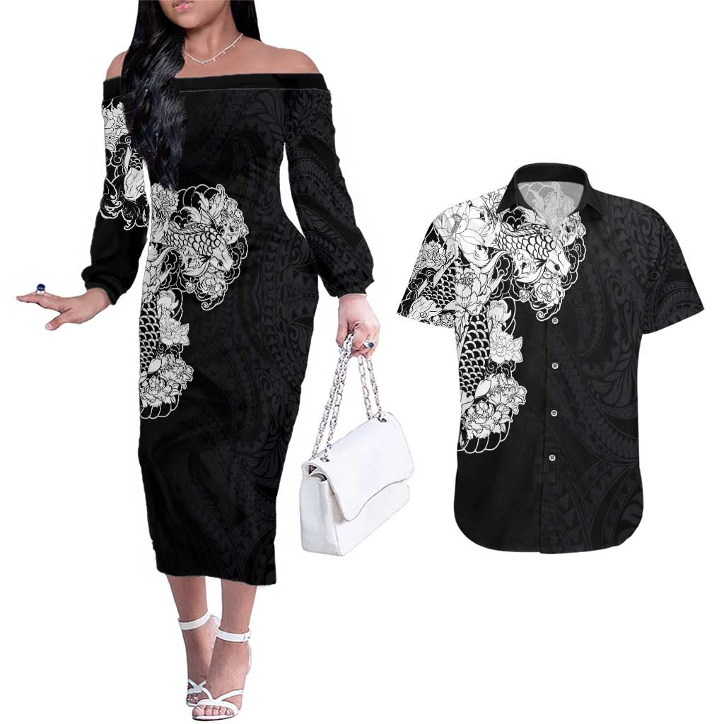 Hawaiian and Japanese Together Couples Matching Off The Shoulder Long Sleeve Dress and Hawaiian Shirt Japanese Koi Fish Tattoo and Kakau Pattern Black Color