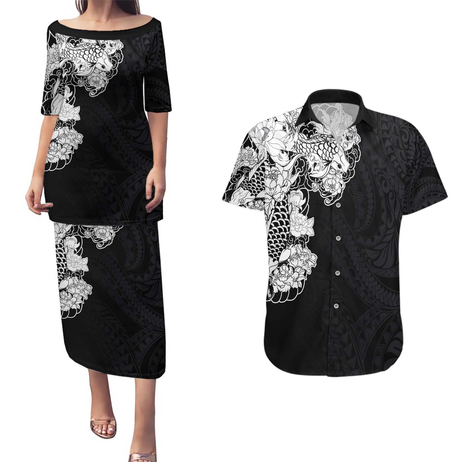 Hawaiian and Japanese Together Couples Matching Puletasi and Hawaiian Shirt Japanese Koi Fish Tattoo and Kakau Pattern Black Color