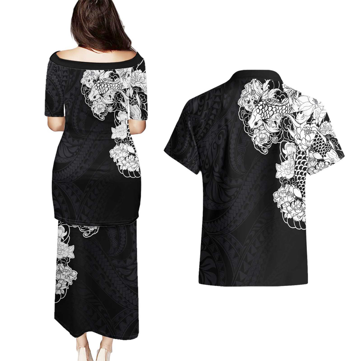 Hawaiian and Japanese Together Couples Matching Puletasi and Hawaiian Shirt Japanese Koi Fish Tattoo and Kakau Pattern Black Color