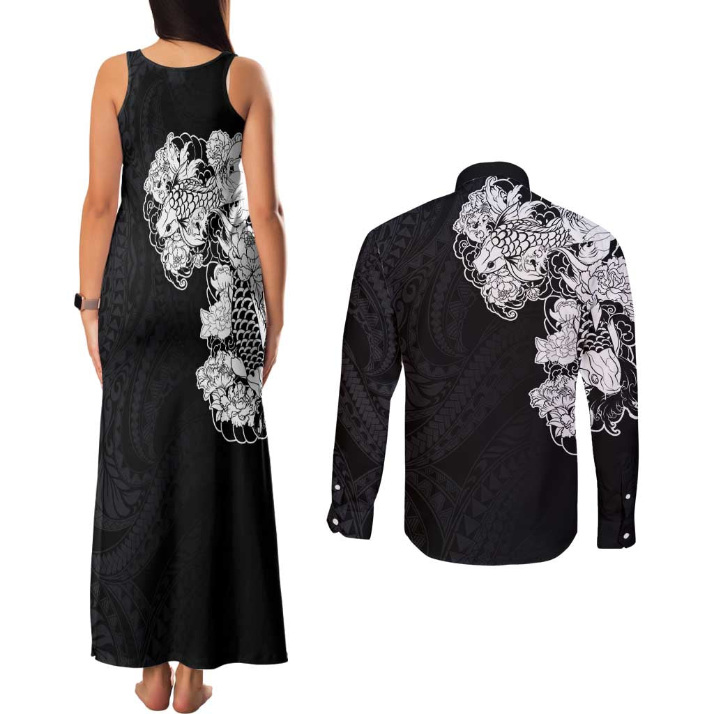 Hawaiian and Japanese Together Couples Matching Tank Maxi Dress and Long Sleeve Button Shirt Japanese Koi Fish Tattoo and Kakau Pattern Black Color