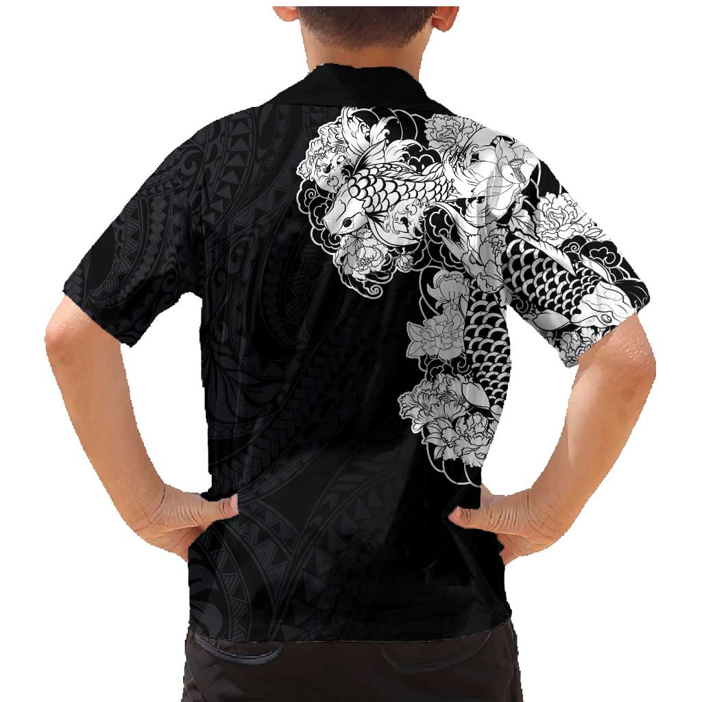 Hawaiian and Japanese Together Family Matching Mermaid Dress and Hawaiian Shirt Japanese Koi Fish Tattoo and Kakau Pattern Black Color